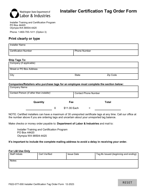 Form F622-077-000 Installer Certification Tag Order Form - Washington