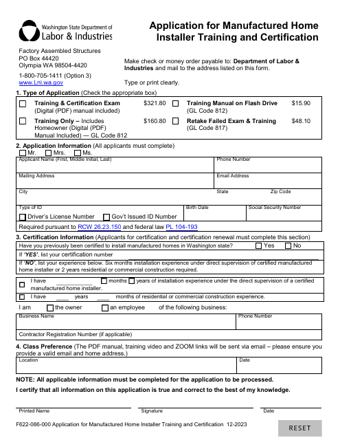 Form F622-086-000 Application for Manufactured Home Installer Training and Certification - Washington