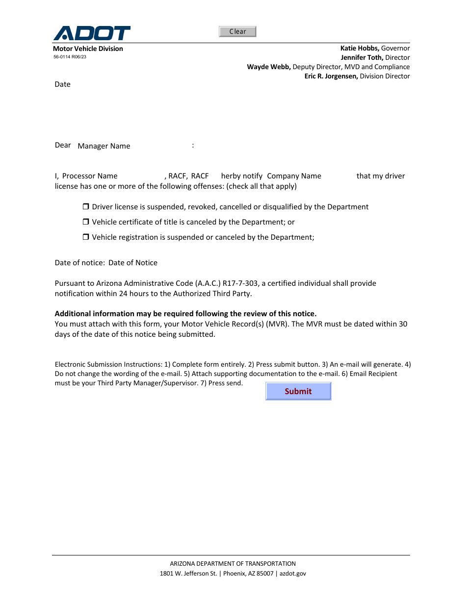 Form 56-0114 Authorized Third Party Certified Individual Notice - Arizona, Page 1
