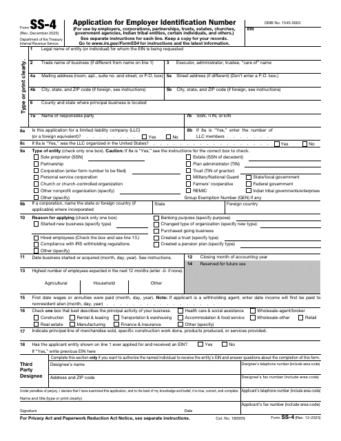 IRS Form SS-4  Printable Pdf