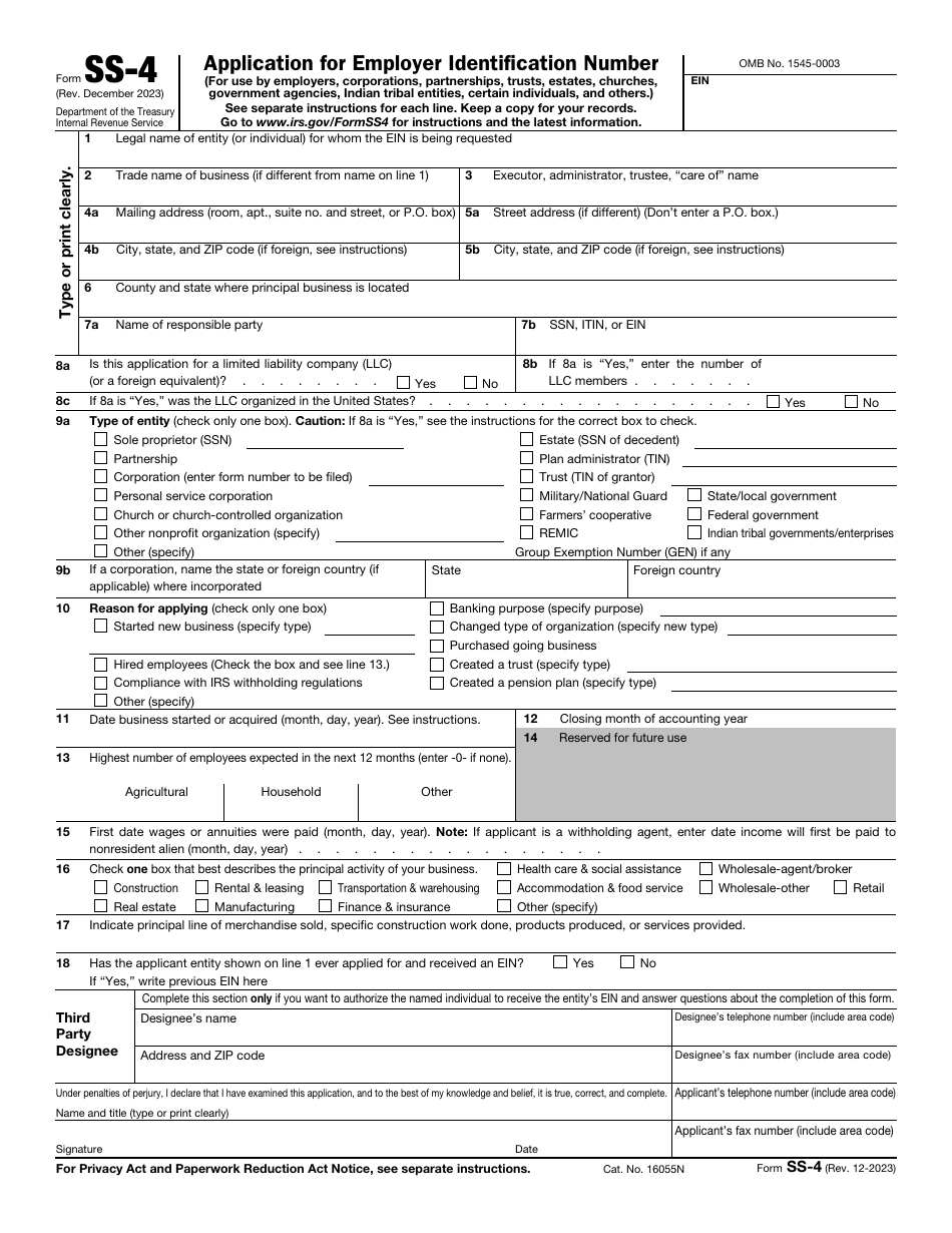 IRS Form SS4 Download Fillable PDF or Fill Online Application for