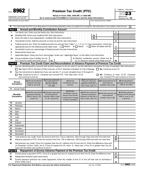 IRS Form 8962 Premium Tax Credit (Ptc), 2023