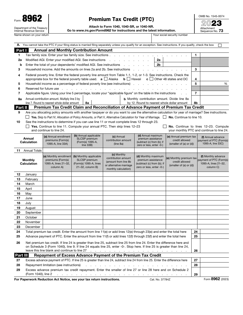 IRS Form 8962 Premium Tax Credit (Ptc), Page 1