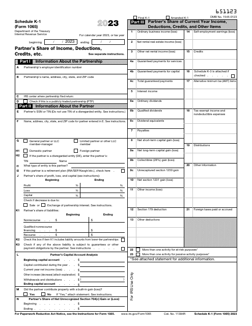 IRS Form 1065 Schedule K-1 2023 Printable Pdf