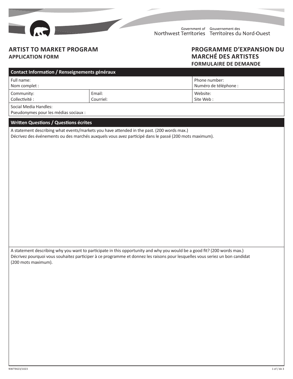Form NWT9423 Application Form - Artist to Market Program - Northwest Territories, Canada (English / French), Page 1