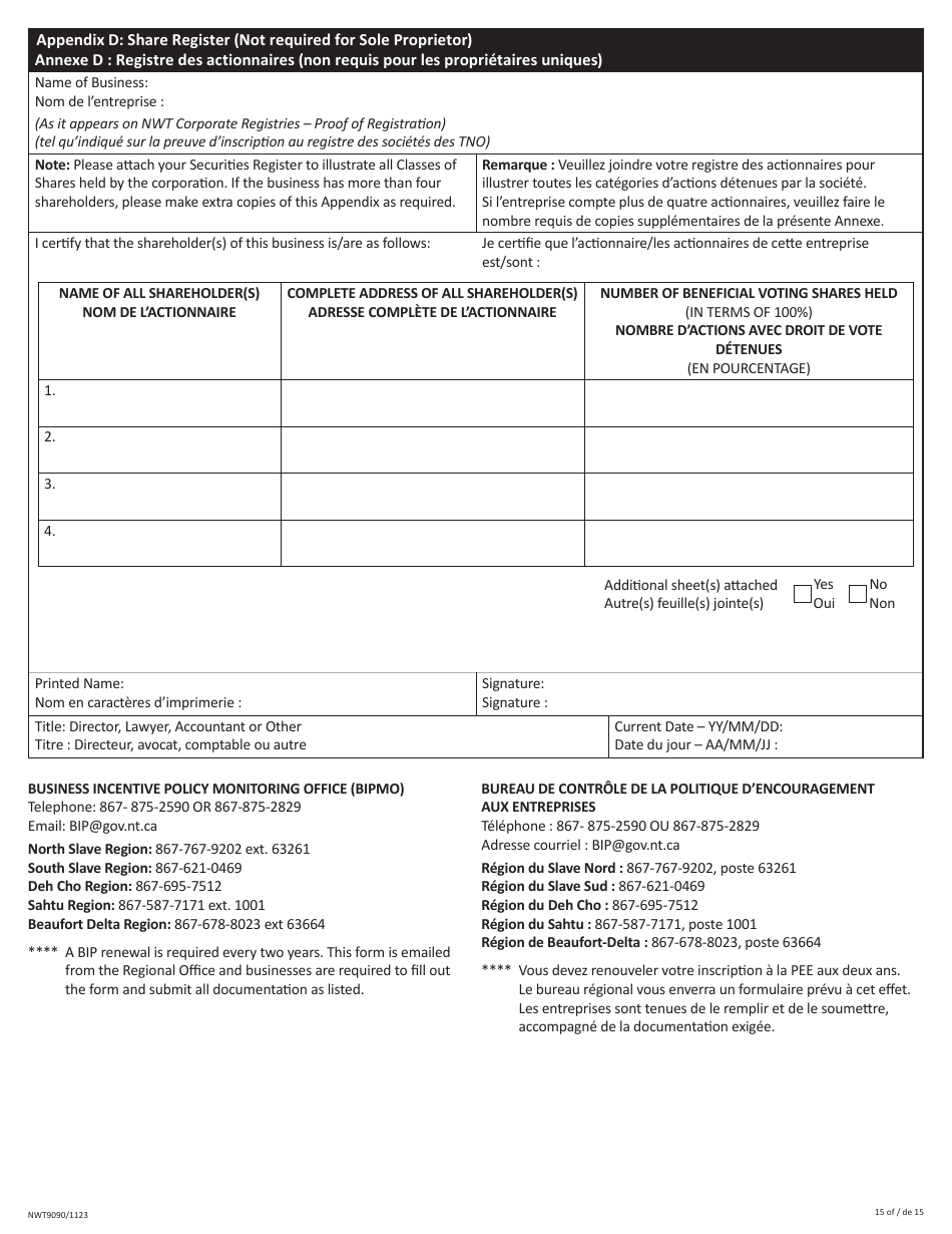 Form NWT9090 Business Incentive Policy (Bip) Application - Northwest Territories, Canada (English / French), Page 15