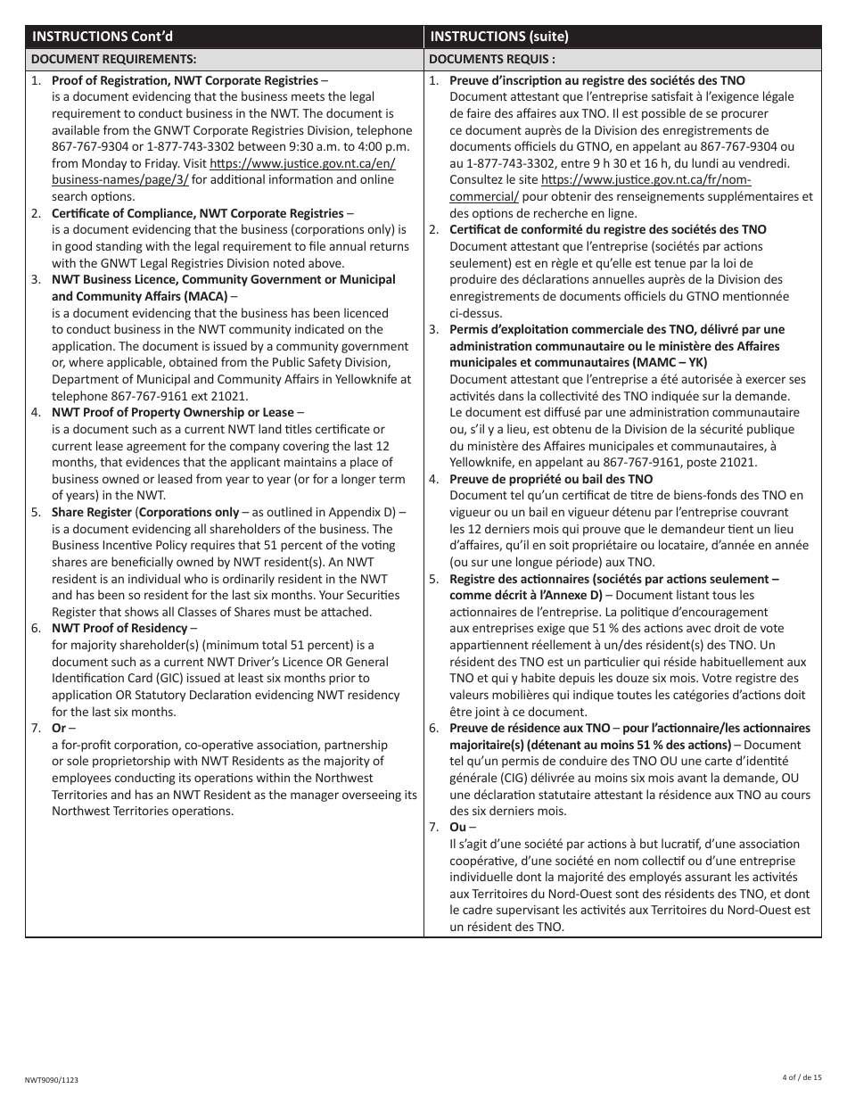 Form NWT9090 Business Incentive Policy (Bip) Application - Northwest Territories, Canada (English / French), Page 4