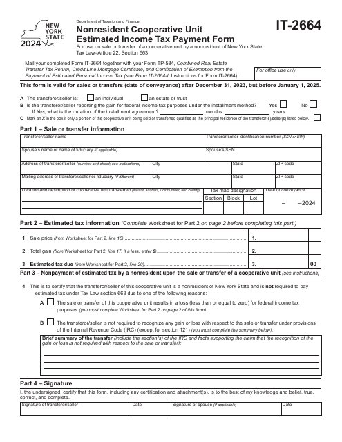 Form IT-2664 Nonresident Cooperative Unit Estimated Income Tax Payment Form - New York, 2024