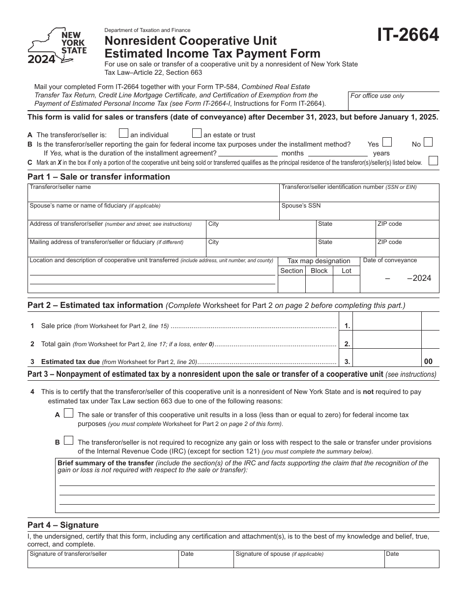 Form IT-2664 Nonresident Cooperative Unit Estimated Income Tax Payment Form - New York, Page 1