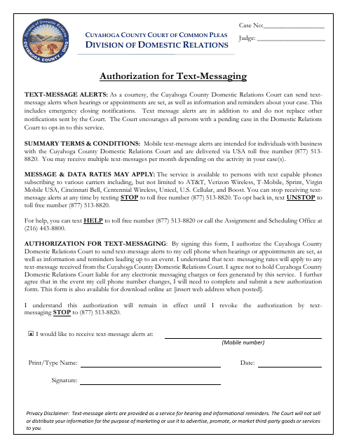 Authorization for Text-Messaging - Cuyahoga County, Ohio Download Pdf