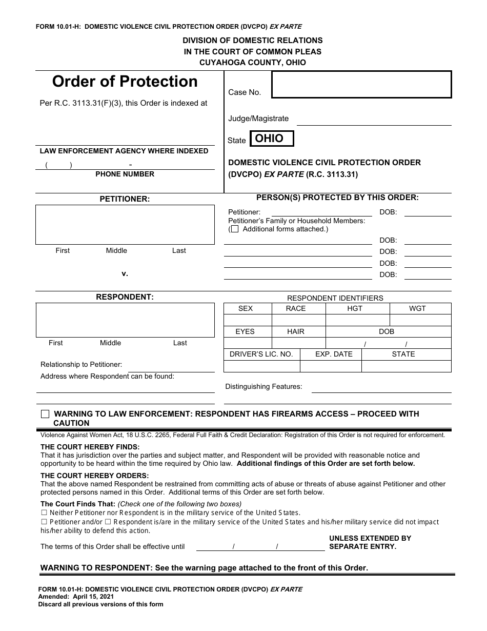 Form 10.01-H Domestic Violence Civil Protection Order Phone Number (Dvcpo) Ex Parte - Cuyahoga County, Ohio, Page 1