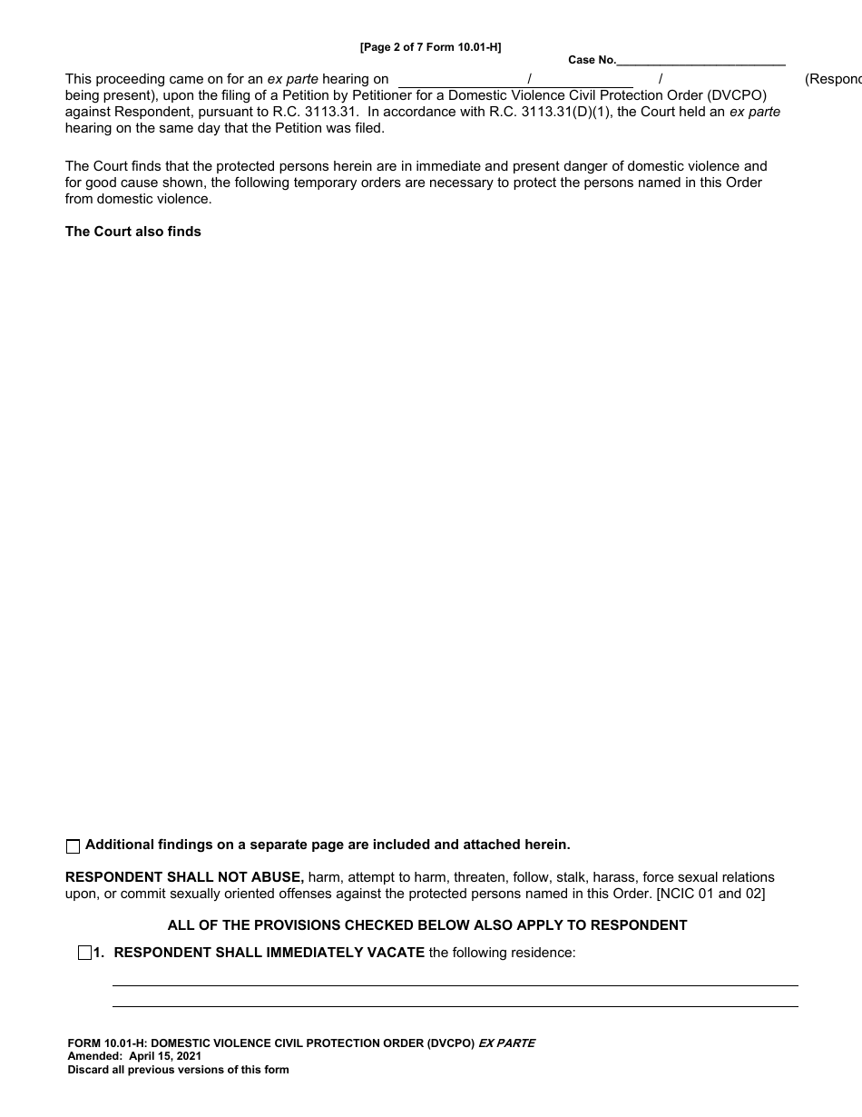 Form 10.01-H Domestic Violence Civil Protection Order Phone Number (Dvcpo) Ex Parte - Cuyahoga County, Ohio, Page 2