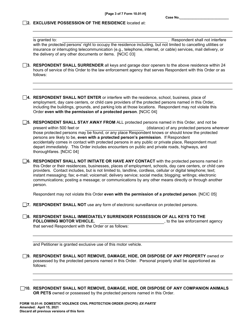 Form 10.01-H Domestic Violence Civil Protection Order Phone Number (Dvcpo) Ex Parte - Cuyahoga County, Ohio, Page 3