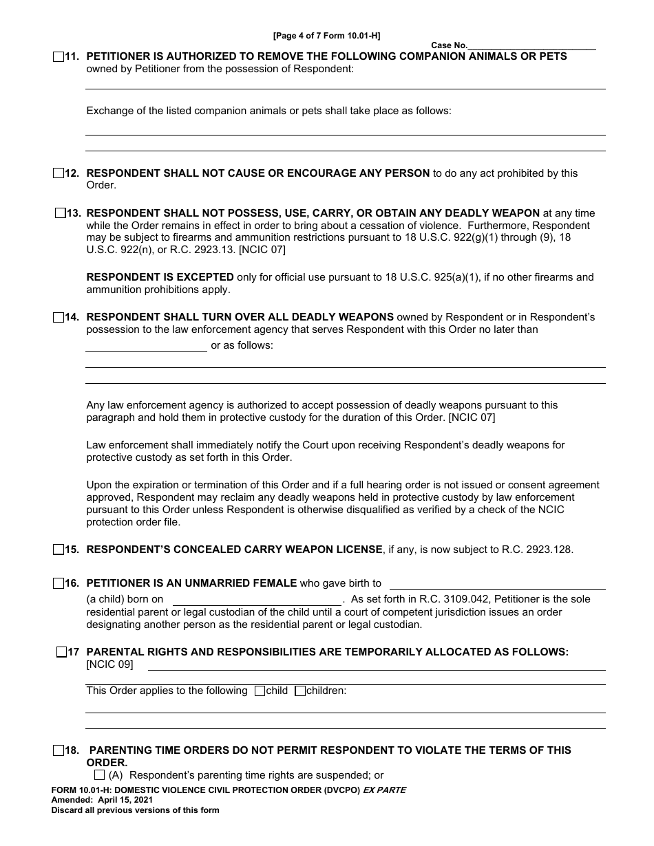 Form 10.01-H Domestic Violence Civil Protection Order Phone Number (Dvcpo) Ex Parte - Cuyahoga County, Ohio, Page 4