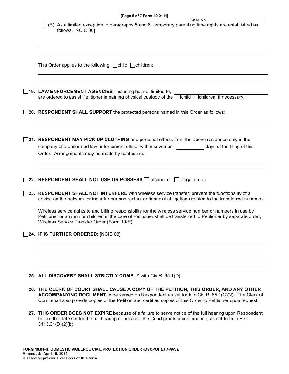 Form 10.01-H Domestic Violence Civil Protection Order Phone Number (Dvcpo) Ex Parte - Cuyahoga County, Ohio, Page 5