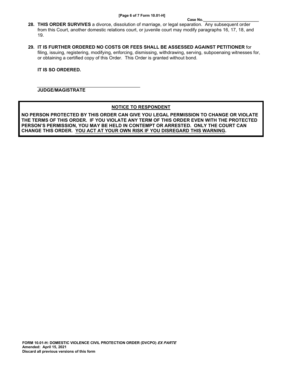 Form 10.01-H Domestic Violence Civil Protection Order Phone Number (Dvcpo) Ex Parte - Cuyahoga County, Ohio, Page 6