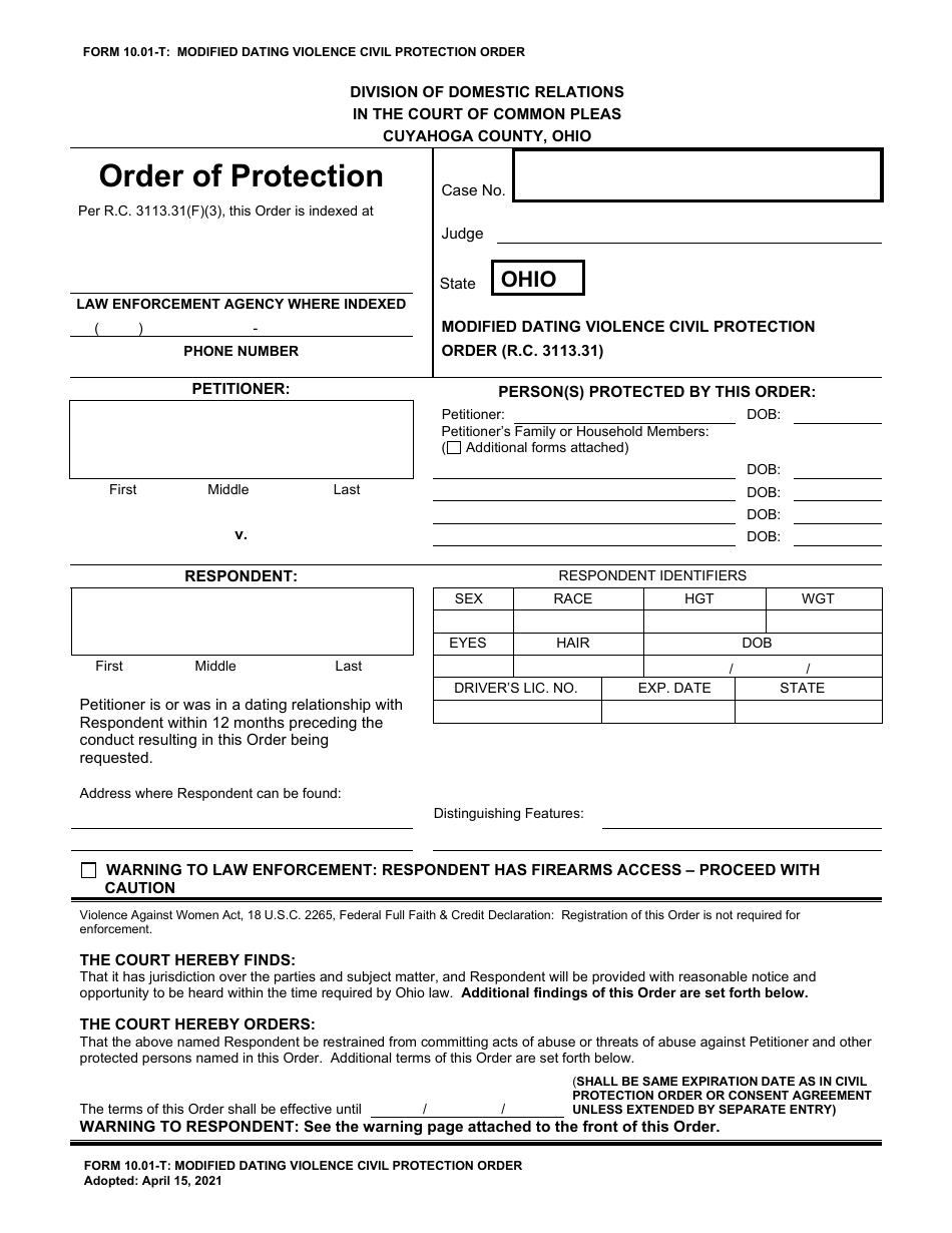 Form 10.01-T Modified Dating Violence Civil Protection Order - Cuyahoga County, Ohio, Page 1