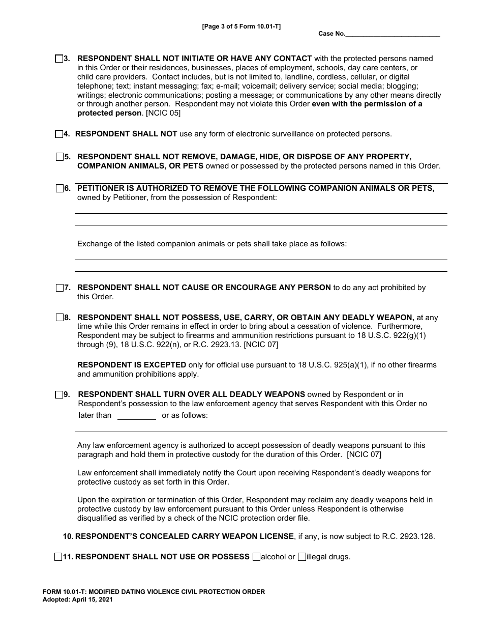 Form 10.01-T Modified Dating Violence Civil Protection Order - Cuyahoga County, Ohio, Page 3