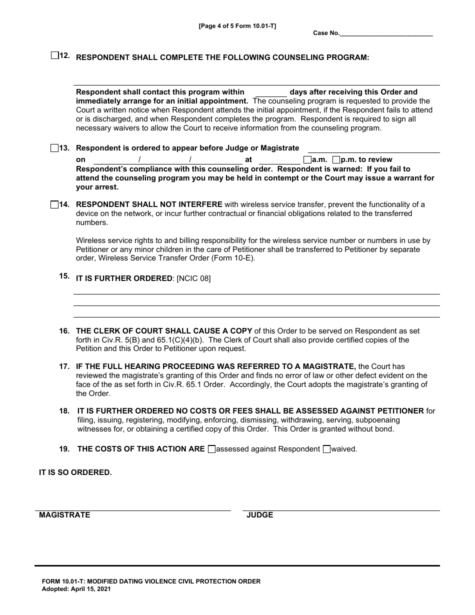 Form 10.01-T Modified Dating Violence Civil Protection Order - Cuyahoga County, Ohio, Page 4