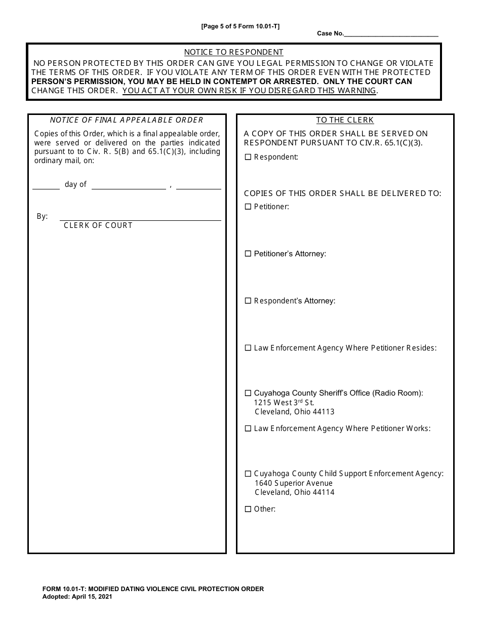 Form 10.01-T Modified Dating Violence Civil Protection Order - Cuyahoga County, Ohio, Page 5