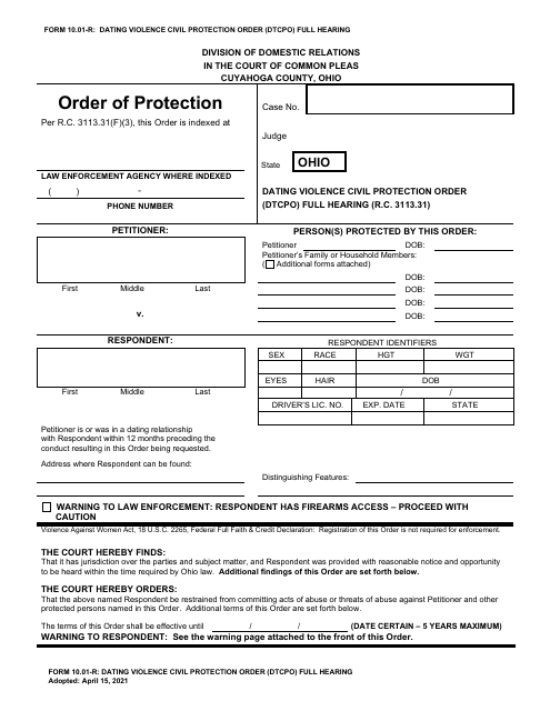 Form 10.01-R Dating Violence Civil Protection Order (Dtcpo) Full Hearing - Cuyahoga County, Ohio