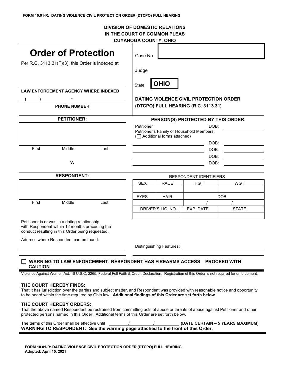 Form 10.01-R Dating Violence Civil Protection Order (Dtcpo) Full Hearing - Cuyahoga County, Ohio, Page 1