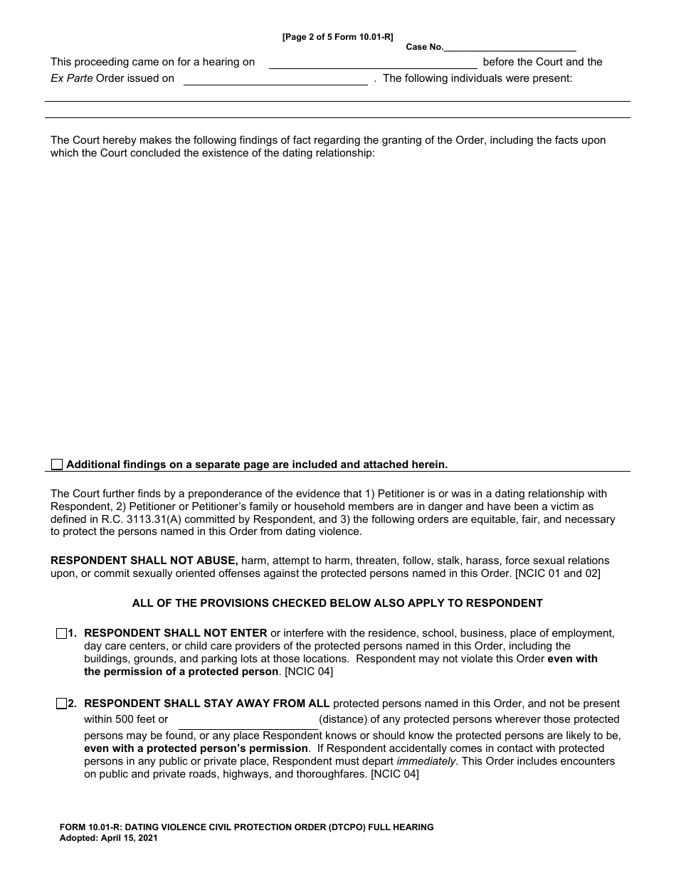 Form 10.01-R Dating Violence Civil Protection Order (Dtcpo) Full Hearing - Cuyahoga County, Ohio, Page 2