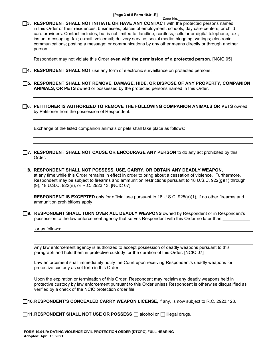 Form 10.01-R Dating Violence Civil Protection Order (Dtcpo) Full Hearing - Cuyahoga County, Ohio, Page 3