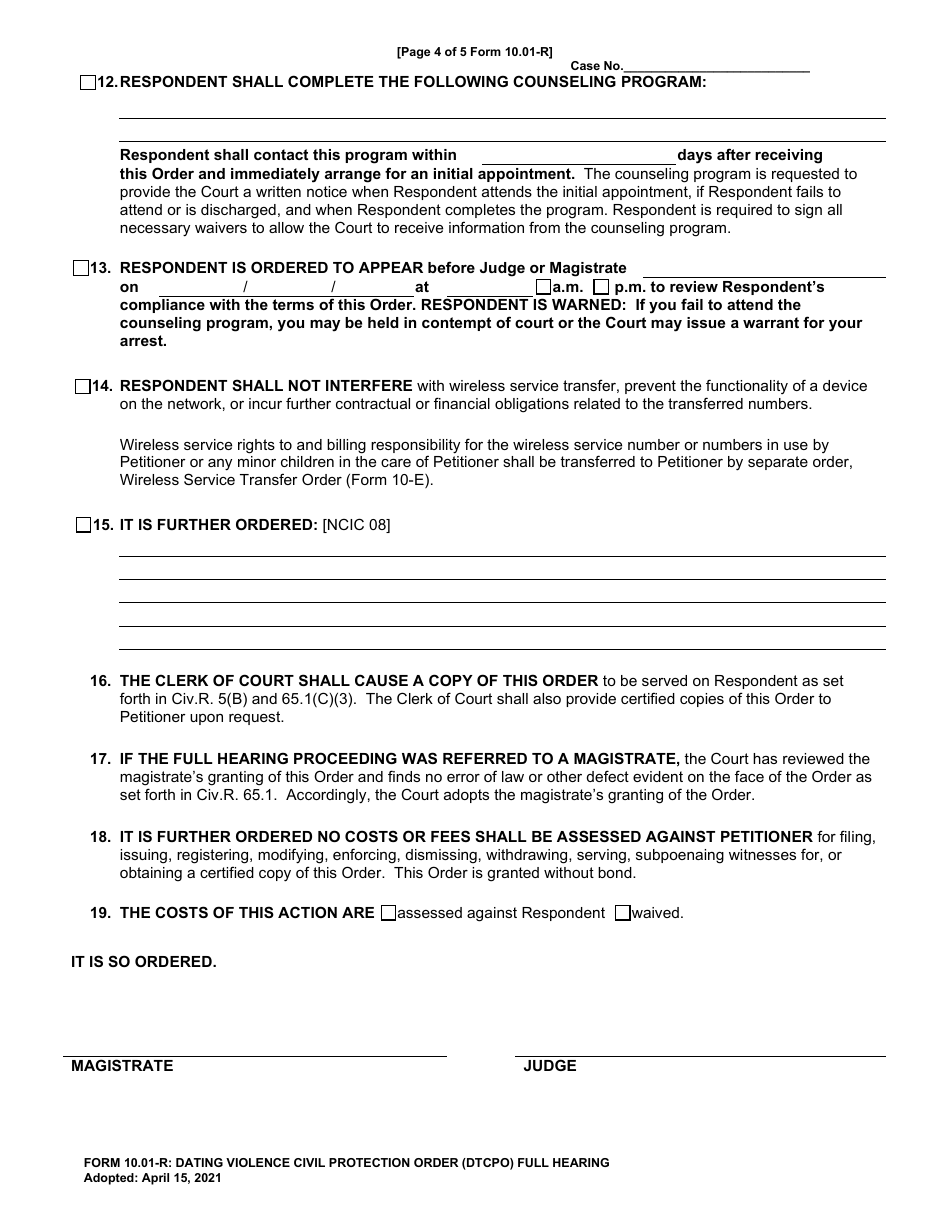 Form 10.01-R Dating Violence Civil Protection Order (Dtcpo) Full Hearing - Cuyahoga County, Ohio, Page 4