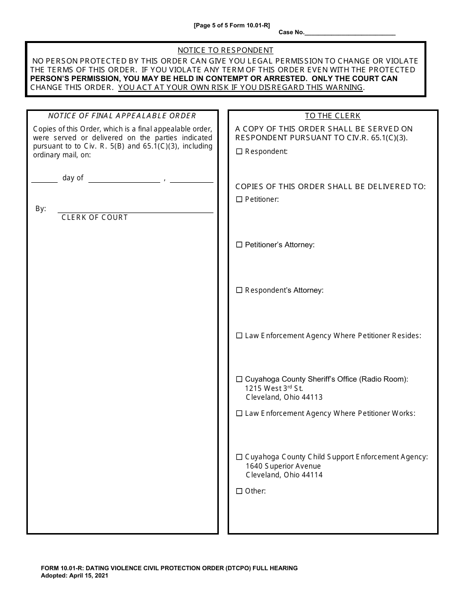 Form 10.01-R Dating Violence Civil Protection Order (Dtcpo) Full Hearing - Cuyahoga County, Ohio, Page 5