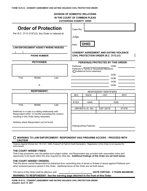 Form 10.01-S Consent Agreement and Dating Violence Civil Protection Order - Cuyahoga County, Ohio