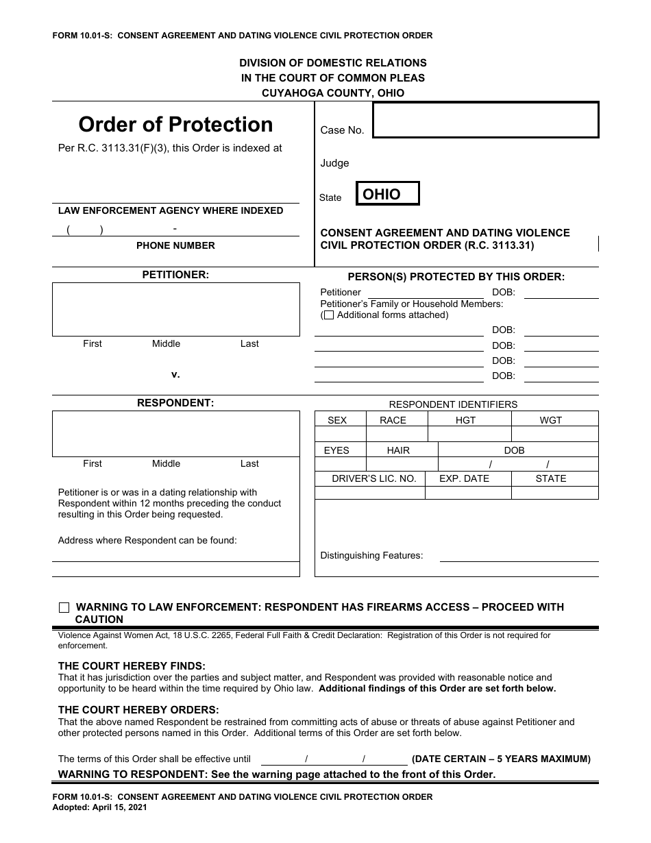 Form 10.01-S Consent Agreement and Dating Violence Civil Protection Order - Cuyahoga County, Ohio, Page 1