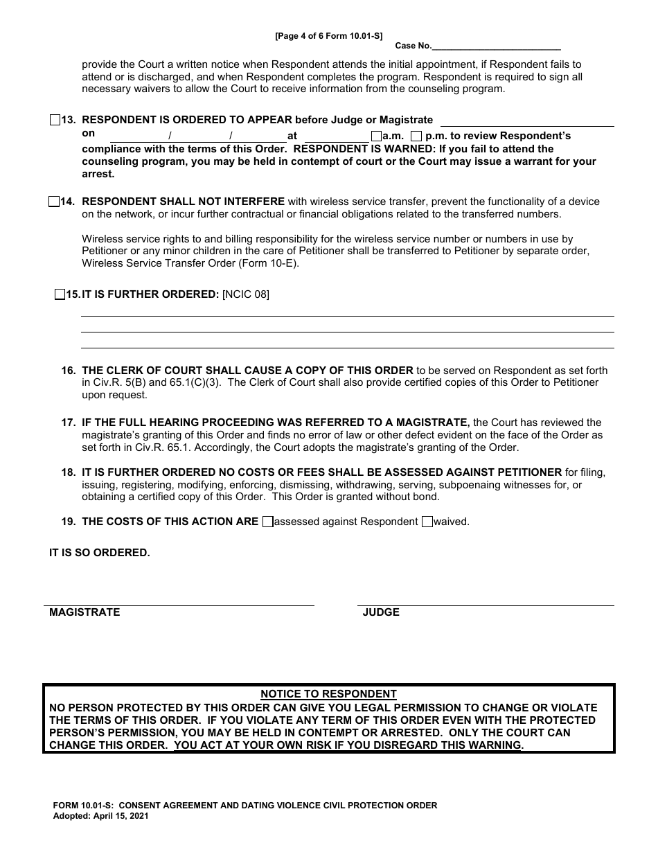 Form 10.01-S Consent Agreement and Dating Violence Civil Protection Order - Cuyahoga County, Ohio, Page 4