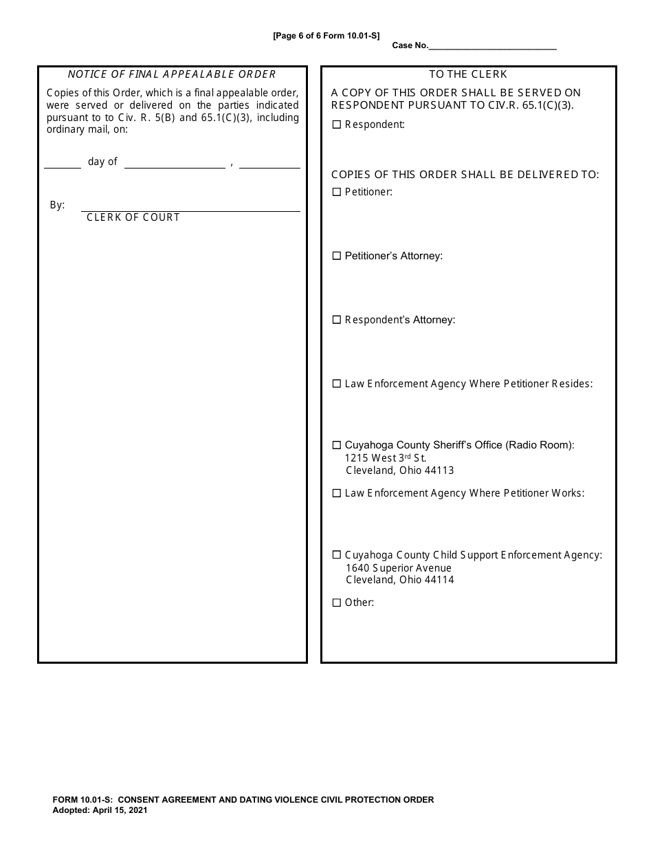 Form 10.01-S Consent Agreement and Dating Violence Civil Protection Order - Cuyahoga County, Ohio, Page 6