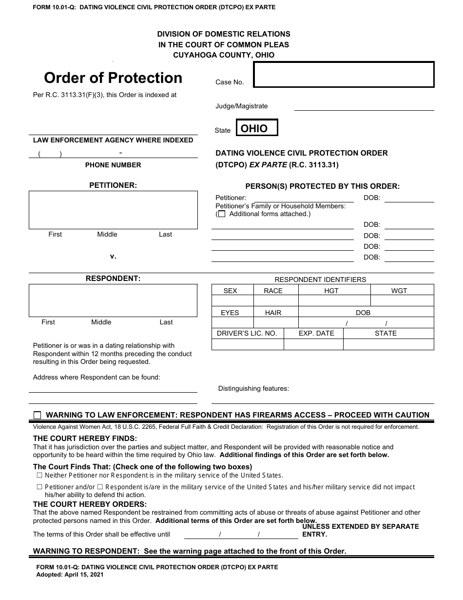 Form 10.01-Q Dating Violence Civil Protection Order (Dtcpo) Ex Parte - Cuyahoga County, Ohio, Page 1