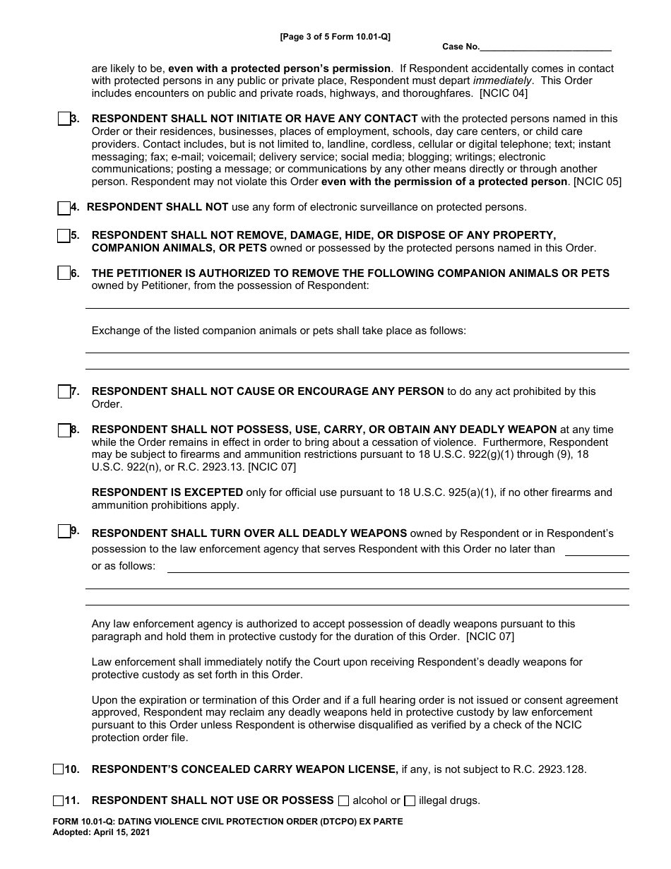 Form 10.01-Q Dating Violence Civil Protection Order (Dtcpo) Ex Parte - Cuyahoga County, Ohio, Page 3