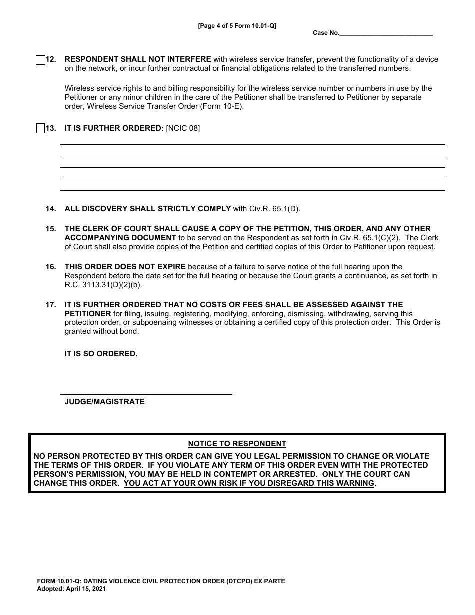 Form 10.01-Q Dating Violence Civil Protection Order (Dtcpo) Ex Parte - Cuyahoga County, Ohio, Page 4
