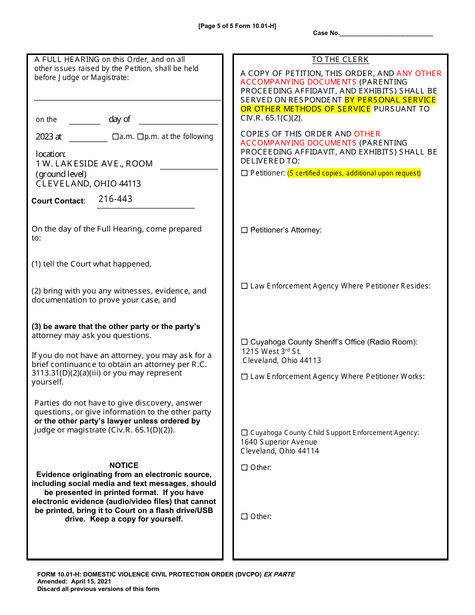 Form 10.01-Q Dating Violence Civil Protection Order (Dtcpo) Ex Parte - Cuyahoga County, Ohio, Page 5