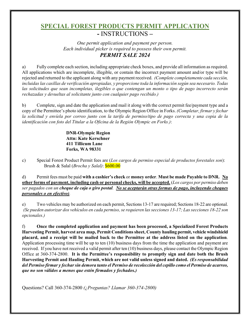 Special Forest Products Permit Application - Olympic Region - Washington, Page 1