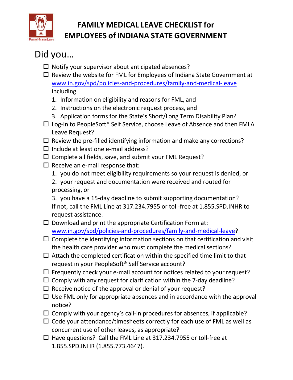 Family Medical Leave Checklist for Employees of Indiana State Government - Indiana, Page 1