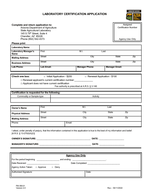 Form FM-XM-01 Laboratory Certification Application - Arizona