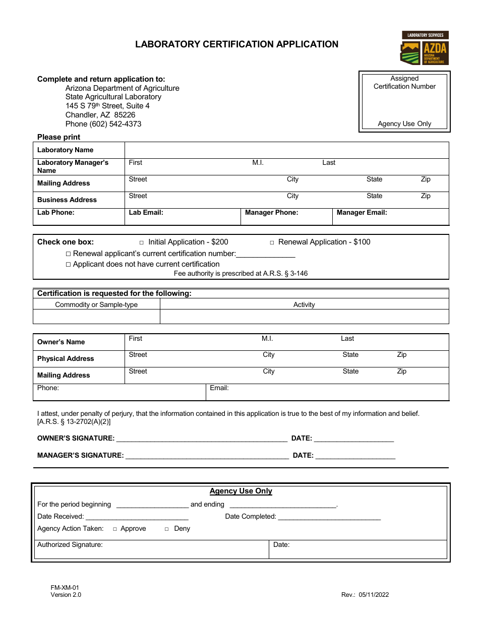 Form FM-XM-01 Laboratory Certification Application - Arizona, Page 1