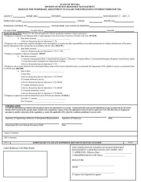 Form LRU-5 Request for Temporary Adjustment to Salary for Employees Covered Under Fop Cba - Nevada