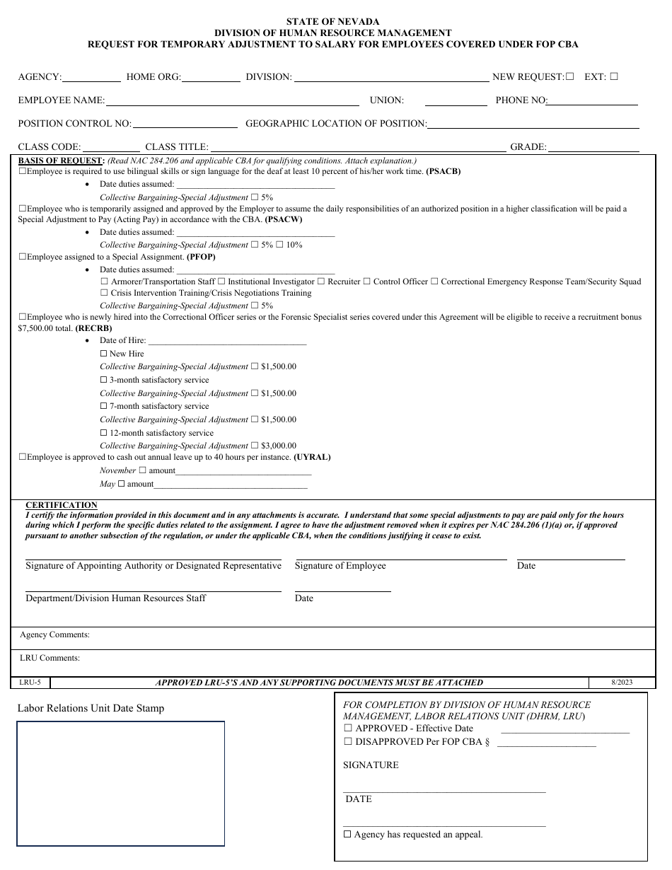 Form LRU-5 Request for Temporary Adjustment to Salary for Employees Covered Under Fop Cba - Nevada, Page 1
