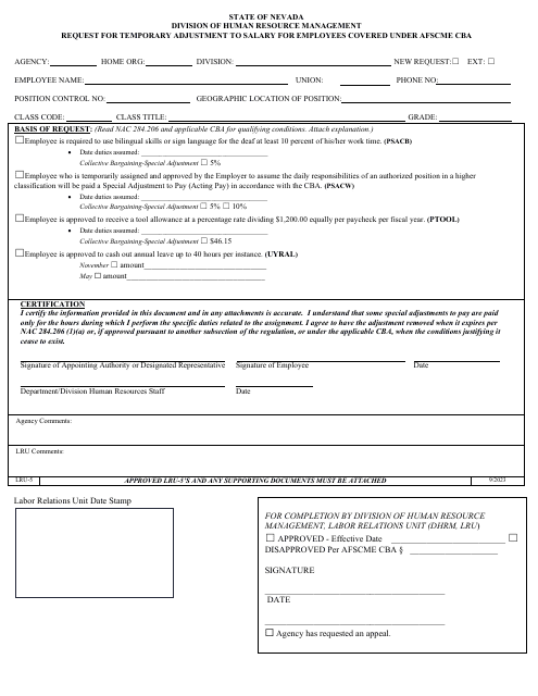 Form LRU-5 Request for Temporary Adjustment to Salary for Employees Covered Under Afscme Cba - Nevada