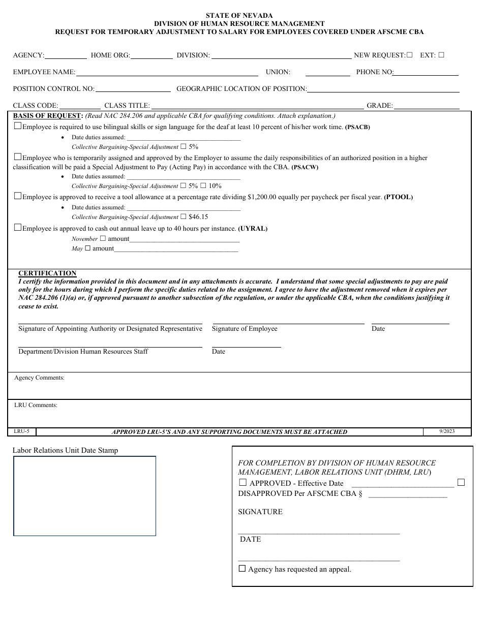 Form LRU-5 Request for Temporary Adjustment to Salary for Employees Covered Under Afscme Cba - Nevada, Page 1