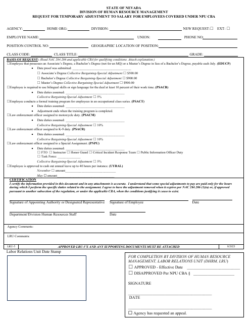 Form LRU-5 Request for Temporary Adjustment to Salary for Employees Covered Under Npu Cba - Nevada