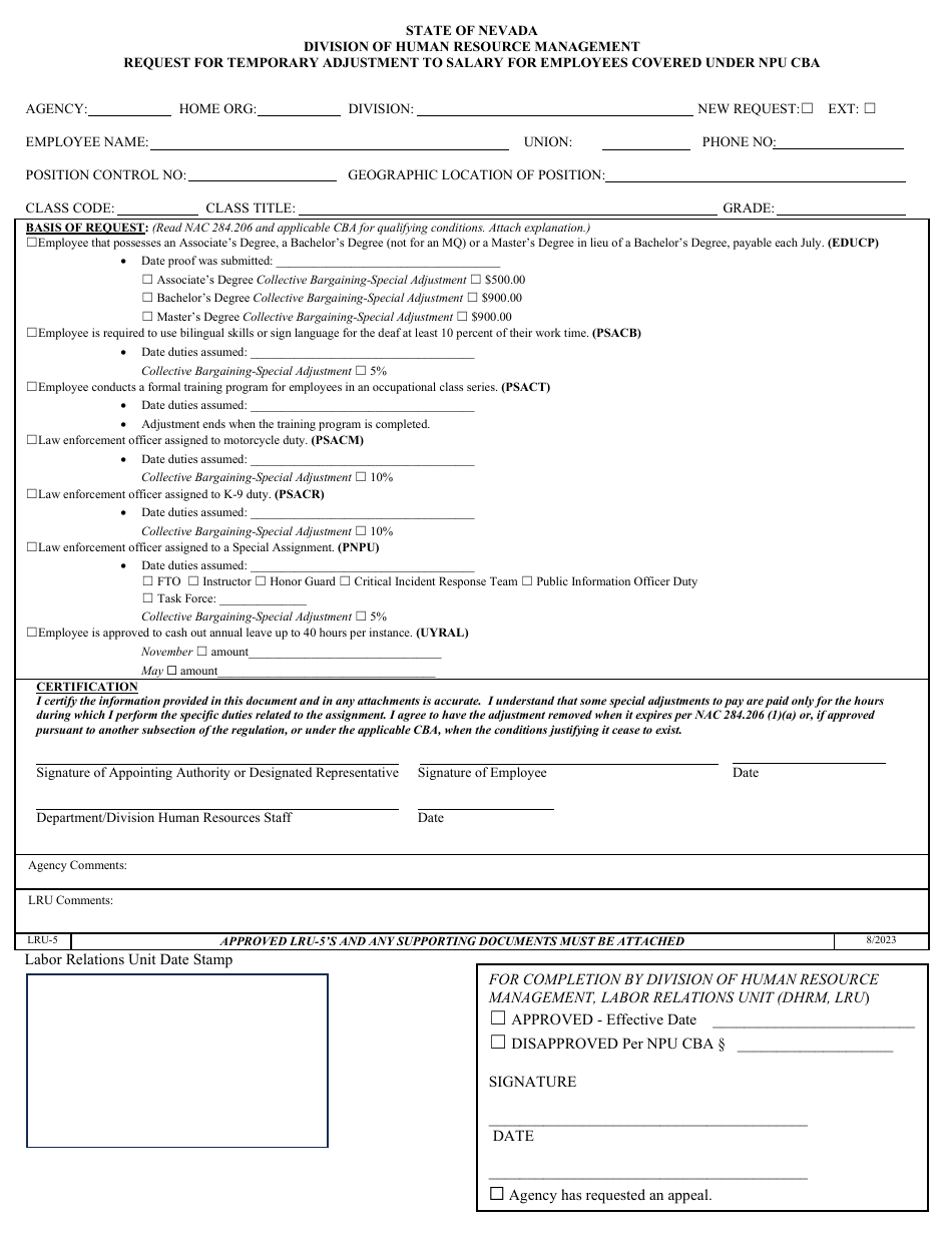Form LRU-5 Request for Temporary Adjustment to Salary for Employees Covered Under Npu Cba - Nevada, Page 1