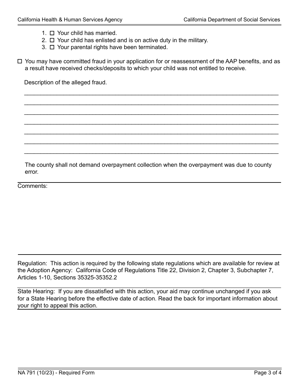 Form NA791 Notice of Action - Approval / Denial / Change - California, Page 3