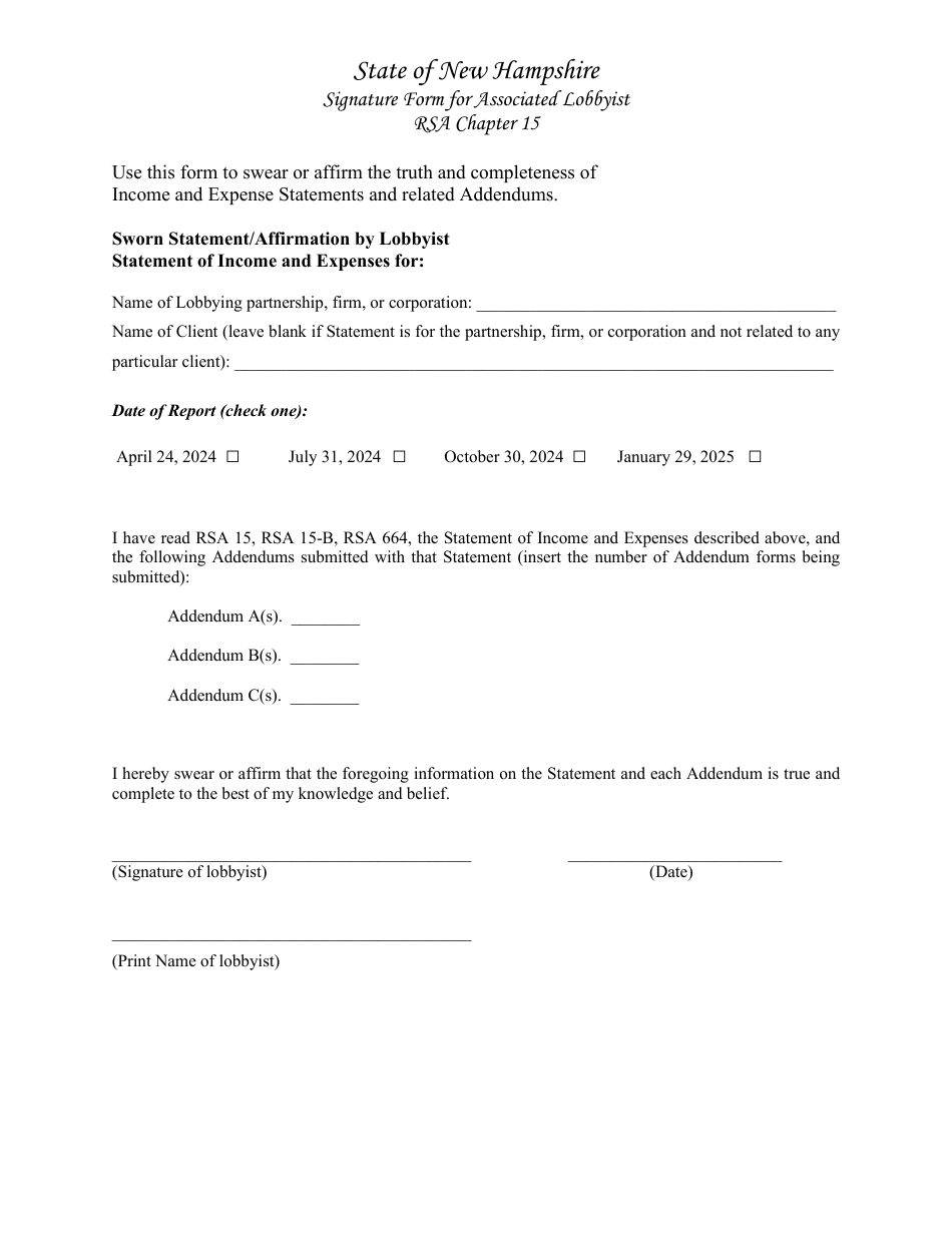 Signature Form for Associated Lobbyist - New Hampshire, Page 1